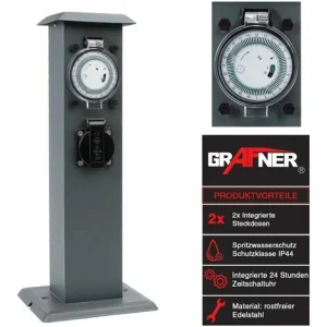 Grafner® Edelstahl Steckdosensäule Mit Timer 2 Außensteckdosen Anthrazit Gartensteckdose Energiesäul 9